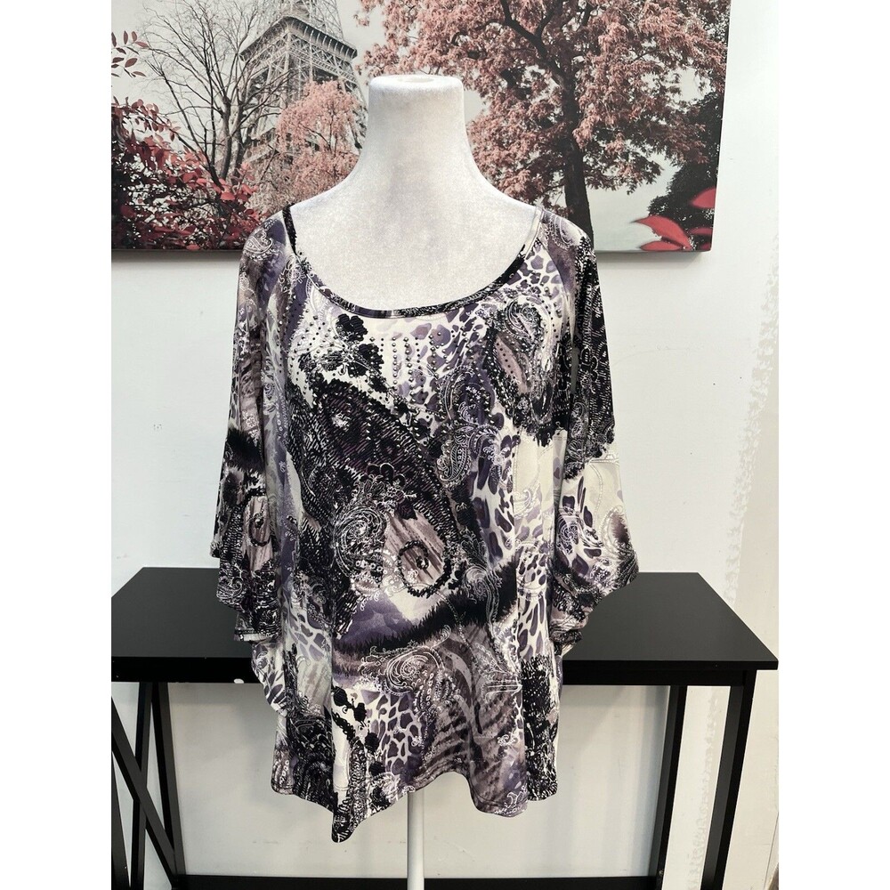 Dressbarn Y2K Paisley Animal Print Sequin Top Blouse XL Dolman Butterfly Sleeve"